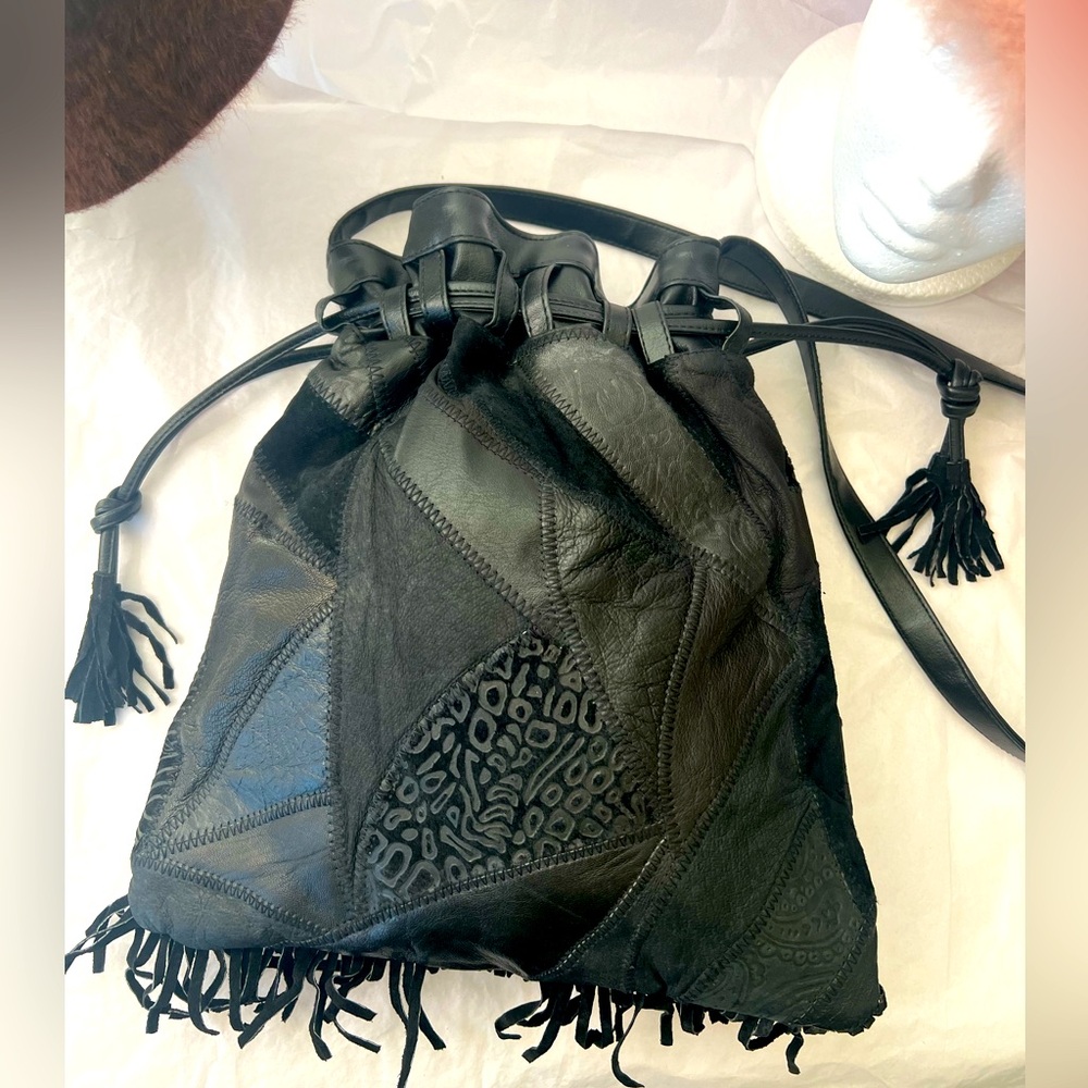 Vintage Rare Black fringe Patchwork Leather Bag.